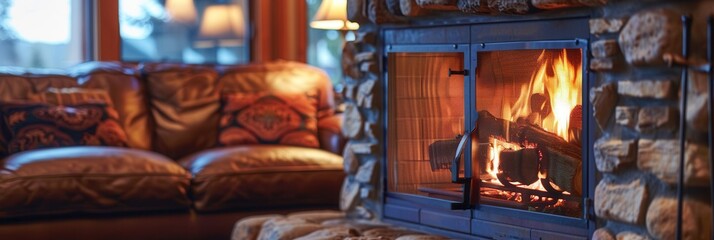 Wall Mural - A roaring fireplace warms the inviting living room, creating a cozy ambiance perfect for relaxing on a chilly evening with loved ones. Generative AI