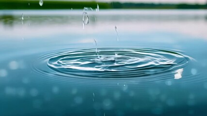 Aufkleber - Slow motion footage of raindrops landing in a row on the surface of a glassy lake creating a mesmerizing repetitive ripple effect.