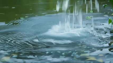 Aufkleber - Footage of large heavy raindrops causing a splash as they hit the surface of a pond creating chaotic and unpredictable ripples.