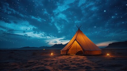 Document the spirit of nomadic cultures, where tents dot endless desert landscapes under the starry expanse of a night sky untouched by city lights.