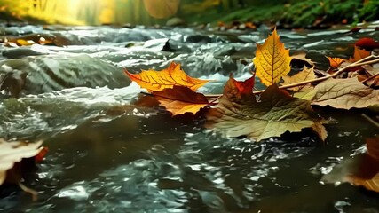 Aufkleber - Closeup shots of fallen leaves and twigs being carried along in the stream showcasing the natural cycle of life and the streams constant movement.