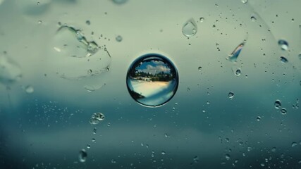 Poster - As the camera focuses on a single droplet a whole world is revealed within its distorted reflection on the glass capturing the surrounding environment in a unique way.