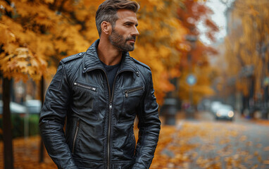 Wall Mural - A man in a black leather jacket stands in front of a tree with yellow leaves. Concept of style and confidence, as the man is dressed in a fashionable leather jacket