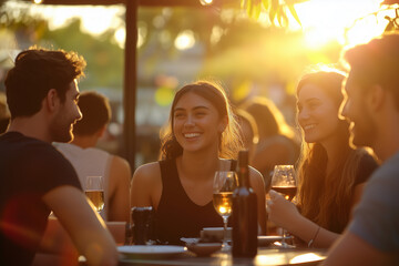 A diverse mix of young people sitting out side a cafe drinking wine during the golden hour during in hot summers day and chatting the sunlight is flaring in the lens