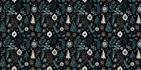 Wall Mural - Elegant winter christmas greenery seamless border pattern with snow template element design. Festive rustic textile foliage pattern with tree, snowflakes texture banner ribbon trim background.