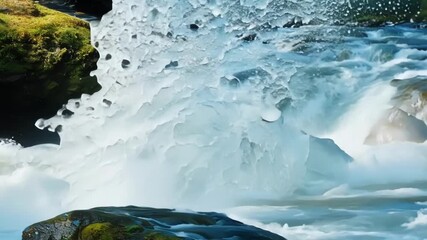 Aufkleber - The roar of the rapids can be heard as the camera zooms in on water crashing against large boulders sending sprays of mist into the air.