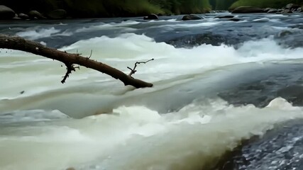 Aufkleber - Closeup of a tree branch being swept away by the strong current of the river rapids emphasizing the power of nature.