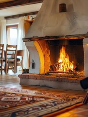 Leinwandbilder - The fireplace crackles warmly, casting a glow in the snug room filled with rustic decor and inviting furniture, perfect for a cozy evening indoors. Generative AI