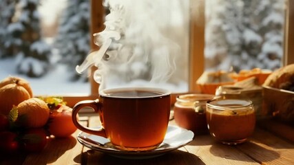 Poster - In a cozy winter scene steam rises from a mug of mulled cider creating a warm and inviting atmosphere.