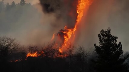 Wall Mural - Flickers of orange light peek through the thick smoke as flames devour trees in the background.