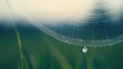 Aufkleber - A dewy spider web perfectly visible on the blades of grass captures the beauty of dew in its intricate threads.