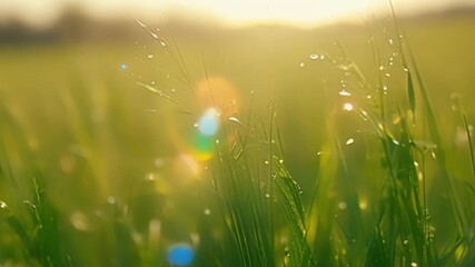 Poster - Early morning light highlighting the dewcovered texture of lush green grass giving it an almost magical quality.
