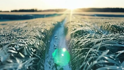 Aufkleber - The icy blades of grass glisten as they catch the suns rays creating a frosty path through a meadow.