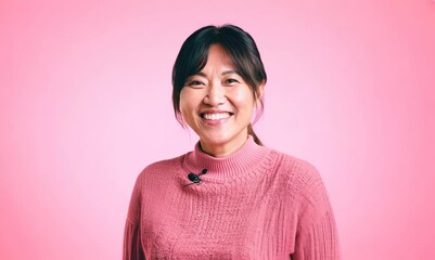 Sticker - Smiling asian woman in pink sweater on pink background with copy space