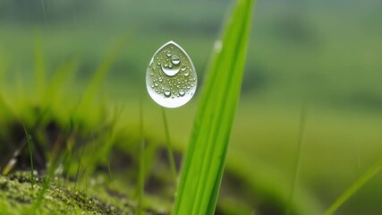 Aufkleber - The camera follows a raindrop as it journeys its way down a single blade of grass capturing the intricate details and textures of the natural landscape.