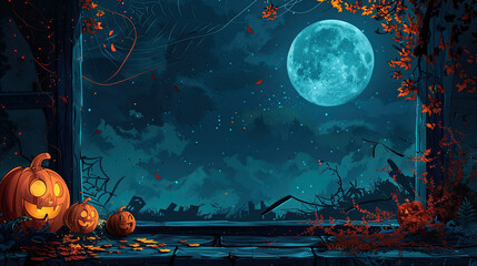 night view on halloween with cartoon art sky and full moon view from an old window frame with pumpkins in one corner frame, cards, banners