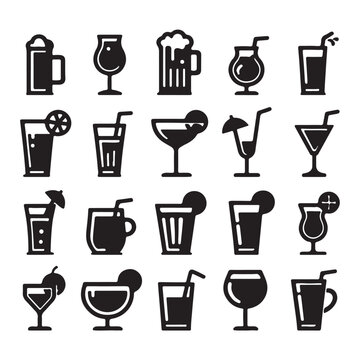 Set of icons of various black drink glasses image with white background