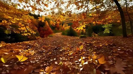 Poster - A leafy trail covered in a blanket of fallen leaves each one displaying its own individual spectrum of autumn colors.