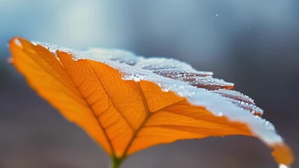 Poster - Icy frost forming on a vivid orange leaf highlighting the contrast between the warm colors and cold winter weather.