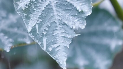 Poster - A closeup shot of a frostcovered leaf with tiny icicles hanging from its tips looking like a winter wonderland.