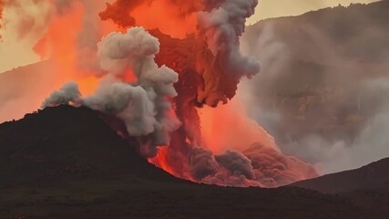 Aufkleber - The violent eruption of a volcano with lava spewing high into the air and cascading down the sides of the mountain.