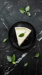 Poster - Top view of a slice of cheesecake with mint leaf on a dark marble background. Modern food photography style. Ideal for food blogs, culinary websites, and recipe books. AI