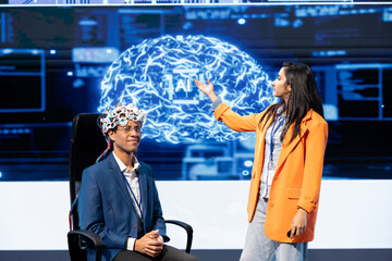 Poster - Professionals speaking at tech conference, explaining impact of neural implants and AI tech. Neuroscience researchers present risks and threats associated with EEG headsets usage