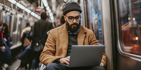 Wall Mural - man working on laptop, riding subway 