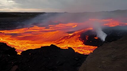 Aufkleber - Fiery orange lava pouring and flowing over a rocky ledge creating a dramatic contrast between the vibrant colors and dark ashy landscape.
