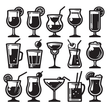 Set of icons of various black drink glasses image with white background