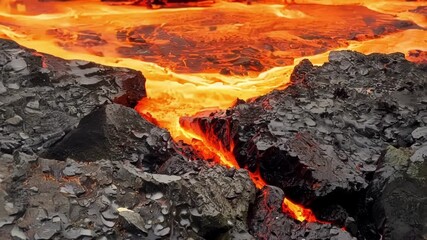 Aufkleber - A bubbling fiery stream of lava slowly pours over jagged gray rocks sizzling and changing the texture of the surface as it makes contact.