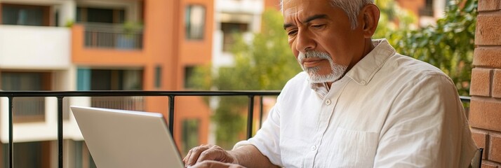 Wall Mural - older latino man working on laptop, on balcony, copy space