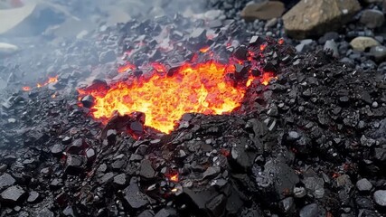 Aufkleber - As the lava cools it clings and solidifies onto a pile of small rocks creating a textured and muddled surface that glows redhot in the center.
