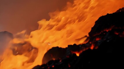 Aufkleber - Closeup of molten lava flowing around a large boulder creating a twisting and winding path as it heats and erodes the natural rock formation.