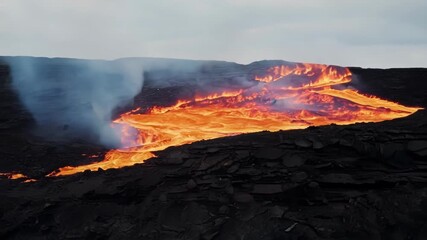 Poster - A dramatic clash of forces as a burst of lava erupts from a crack in the earth and crashes against a wall of sy ancient rocks sending sparks and steam flying.