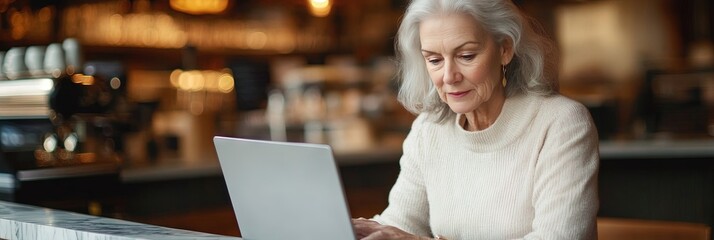 Wall Mural - older woman working on laptop, in cafe, copy space -