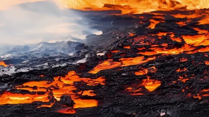 Aufkleber - In an extreme closeup the camera explores the complex and everchanging landscape of the lavas surface displaying the constant evolution and transformation of the molten rock as it