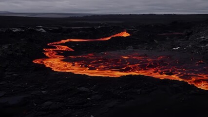 Poster - A closeup of the lavas deep red and orange colors contrasts with the dark ashcovered surroundings.