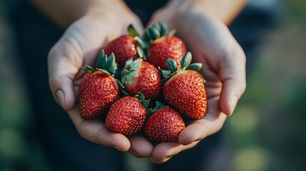 Wall Mural - Close-up hands holding fresh strawberries