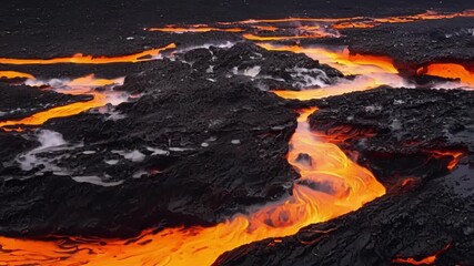 Aufkleber - Against a background of molten lava small rivulets of glowing orange magma branch off and merge back together showcasing the intricate network of channels and pathways created by
