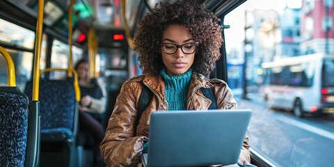 Wall Mural -  woman working on laptop, riding bus