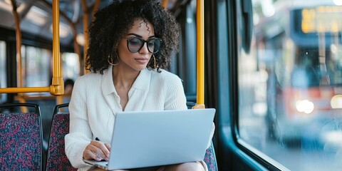 Wall Mural -  woman working on laptop, riding bus