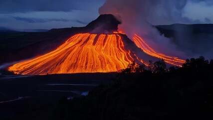 Wall Mural - The ethereal glow of a volcano at night with streams of lava cascading down the sides and shining brightly against the dark sky.