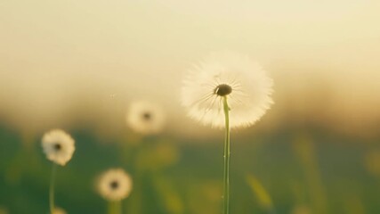 Aufkleber - The small white flowers of a dandelion puff being carried away by a gentle wind spreading its seeds to create new life.