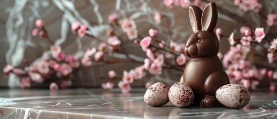 Chocolate bunny and Easter eggs on a light marble background