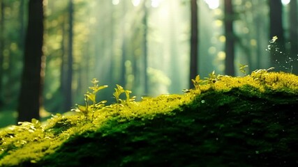 Poster - Sunlight filtering through a canopy of trees illuminating a patch of emeraldgreen moss covering a smooth rock giving it a luminous glow.