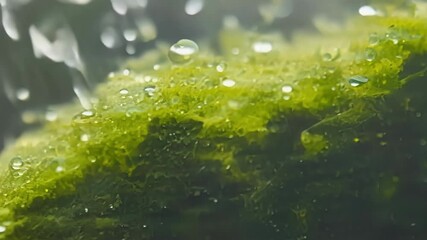 Aufkleber - Rain droplets collect on the spongy surface of a mat of moss highlighting the intricate beauty of its tiny leaves.