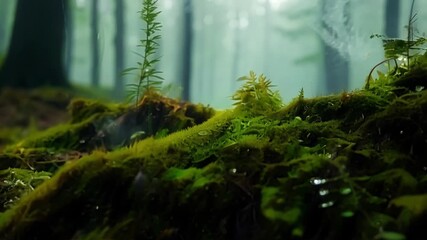 Poster - A closeup of a mossy forest floor captures the mysterious and enchanting atmosphere of a wooded area with ferns and leaves peeking out from under the thick carpet of greenery.