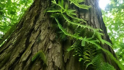 Aufkleber - The camera pans up a tall tree trunk showcasing the tiny ferns nestled within the cracks and crevices of the bark creating a natural organic scene.