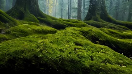 Poster - A sprawling expanse of moss stretches out towards the forest floor creating a soft and inviting landscape.